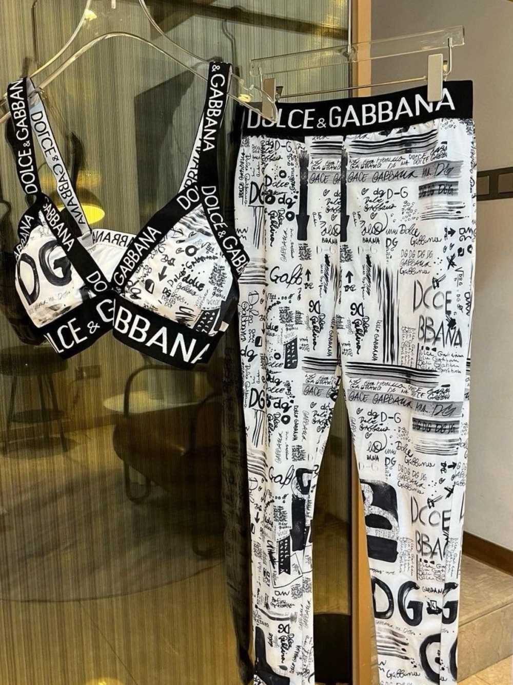 Dolce & Gabbana Black & White Logo Print Leggings and Bralette Set